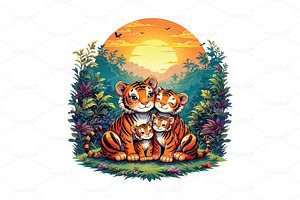 Tiger family, parents and two cubs., an Animal Illustration by yod67