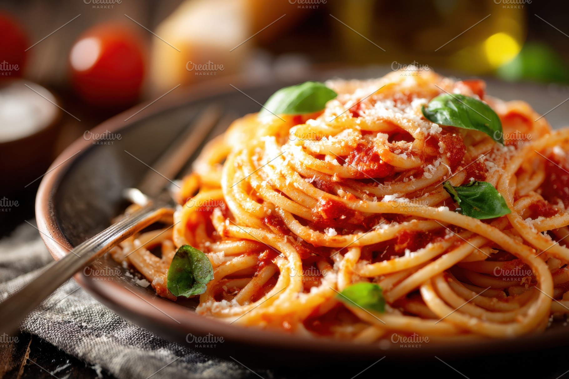Delicious spaghetti with tomato sauce and basil, a Food & Drink Photo by AlyaAnd