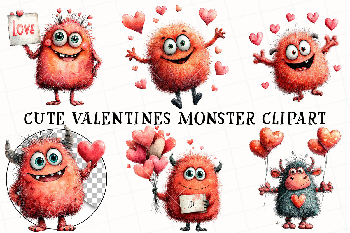 Cute Valentines Monster Clipart, an Illustration by OK Design (Photo 2 of 6)