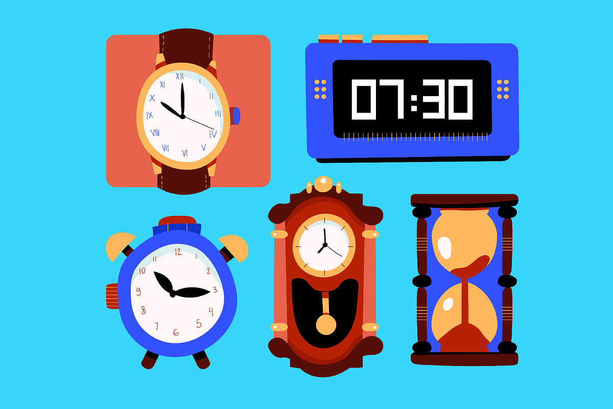 Blue Flat Design Clock Illustration, an Object Illustration by graphicook