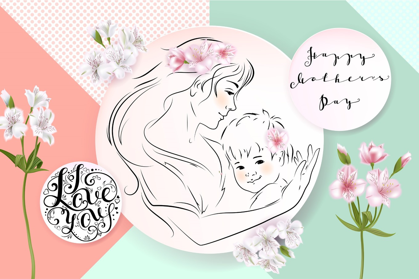 Mothers day greeting card. Flowers and mother with a baby in her arms ...