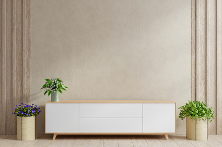 Cabinet in living room interior wall mockup on concrete wall.