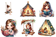 Cute Little Girl Reading Clipart, an Illustration by Pixels.Craft (Thumbnail 8 of 10)