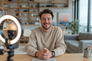 Smiling man vlogging in his home off, a Photo by Pixeness Studio