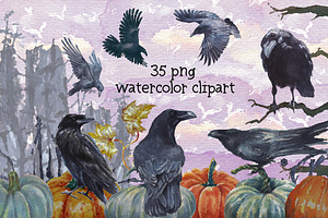 Seven Raven Watercolor Clipart