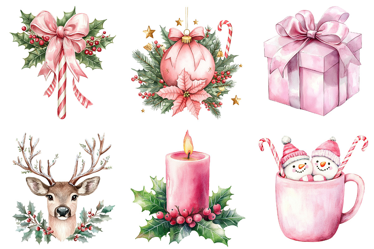 Watercolour Pink Christmas Clipart, a Seasonal Illustration by CitraGraphics (Photo 4 of 7)