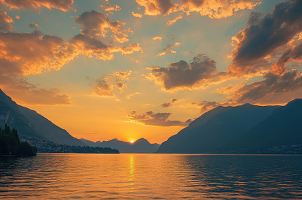 Serene summer sunset over tranquil l, a Photo by Iftikhar Alam