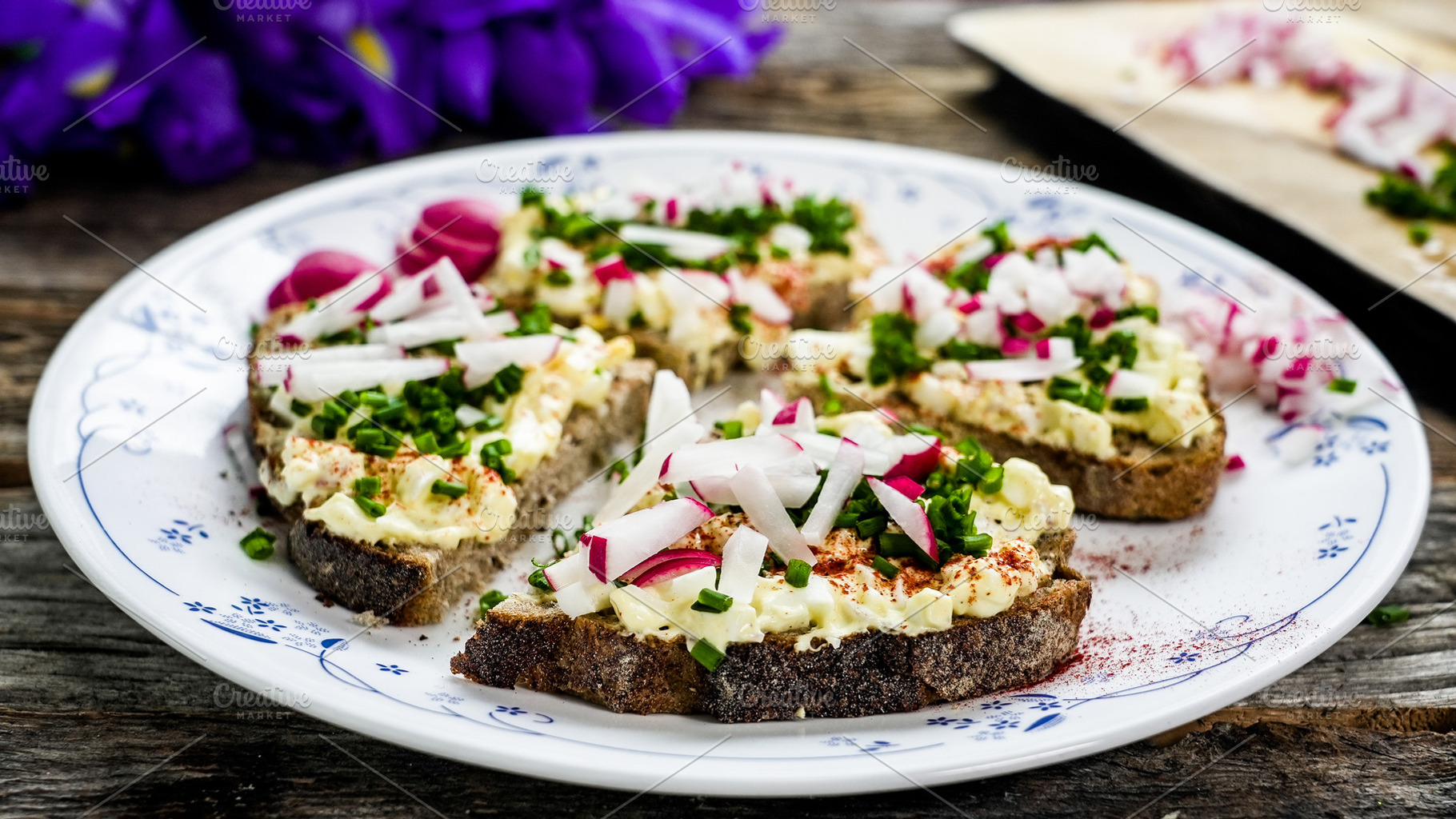 Egg salad open sandwiches with radis, a Food & Drink Photo by 1miromiro