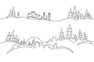 Christmas landscape one line drawing