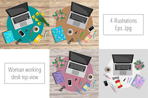 4 eps+jpg of woman working desk