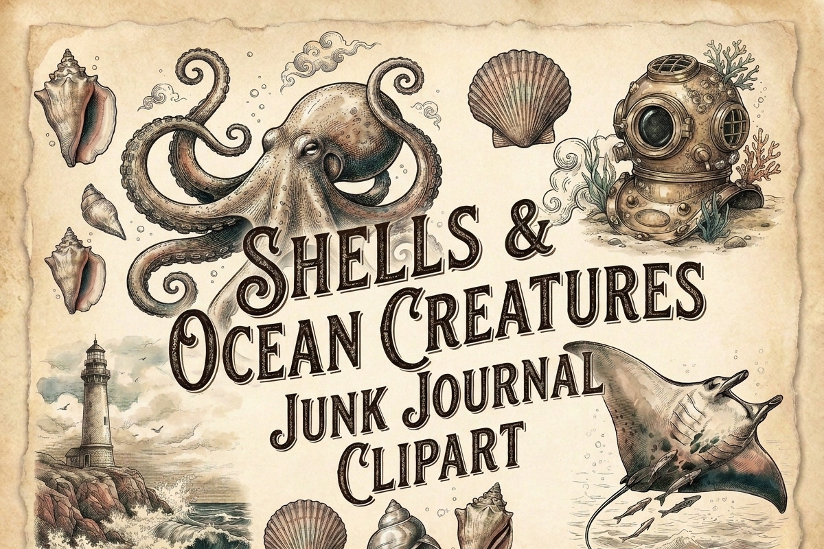 Ocean Junk Journal Clipart Printable, an Animal Illustration by Image for Sale (Photo 1 of 3)