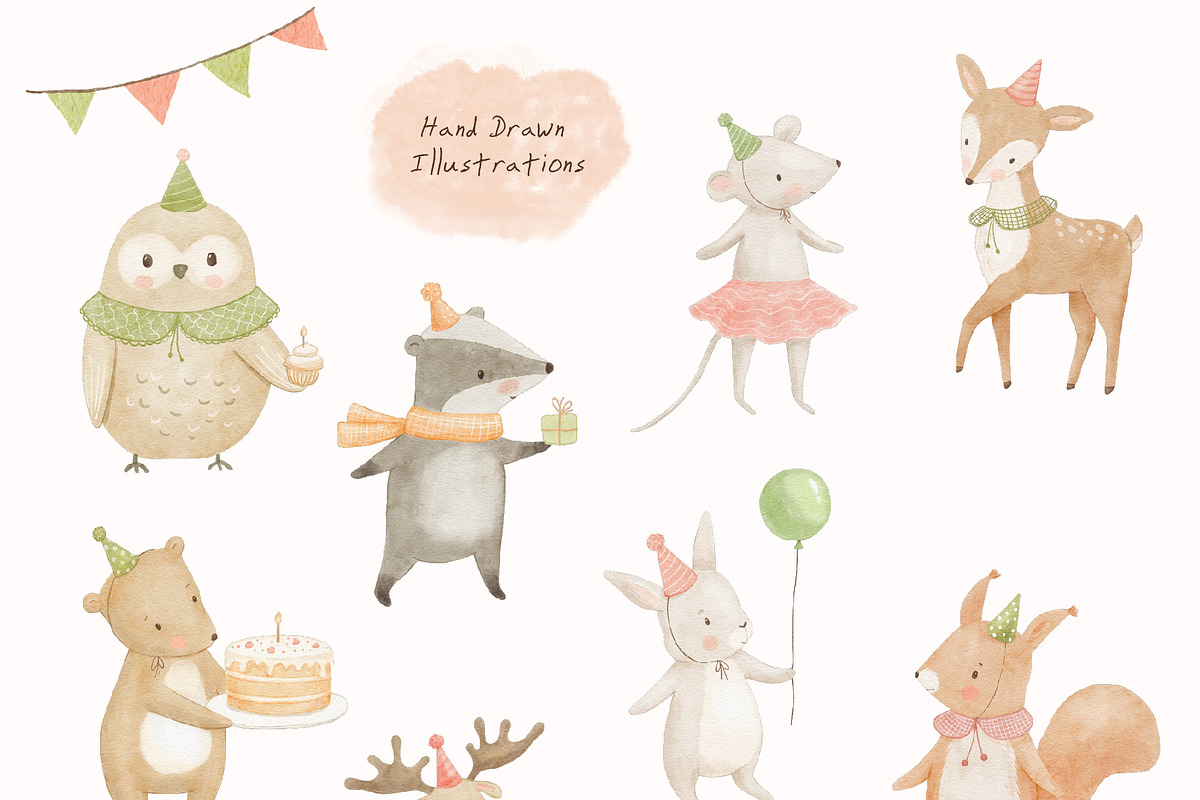 Woodland Birthday Watercolor Animals, an Animal Illustration by ElenaPlatovaArt (Photo 2 of 22)