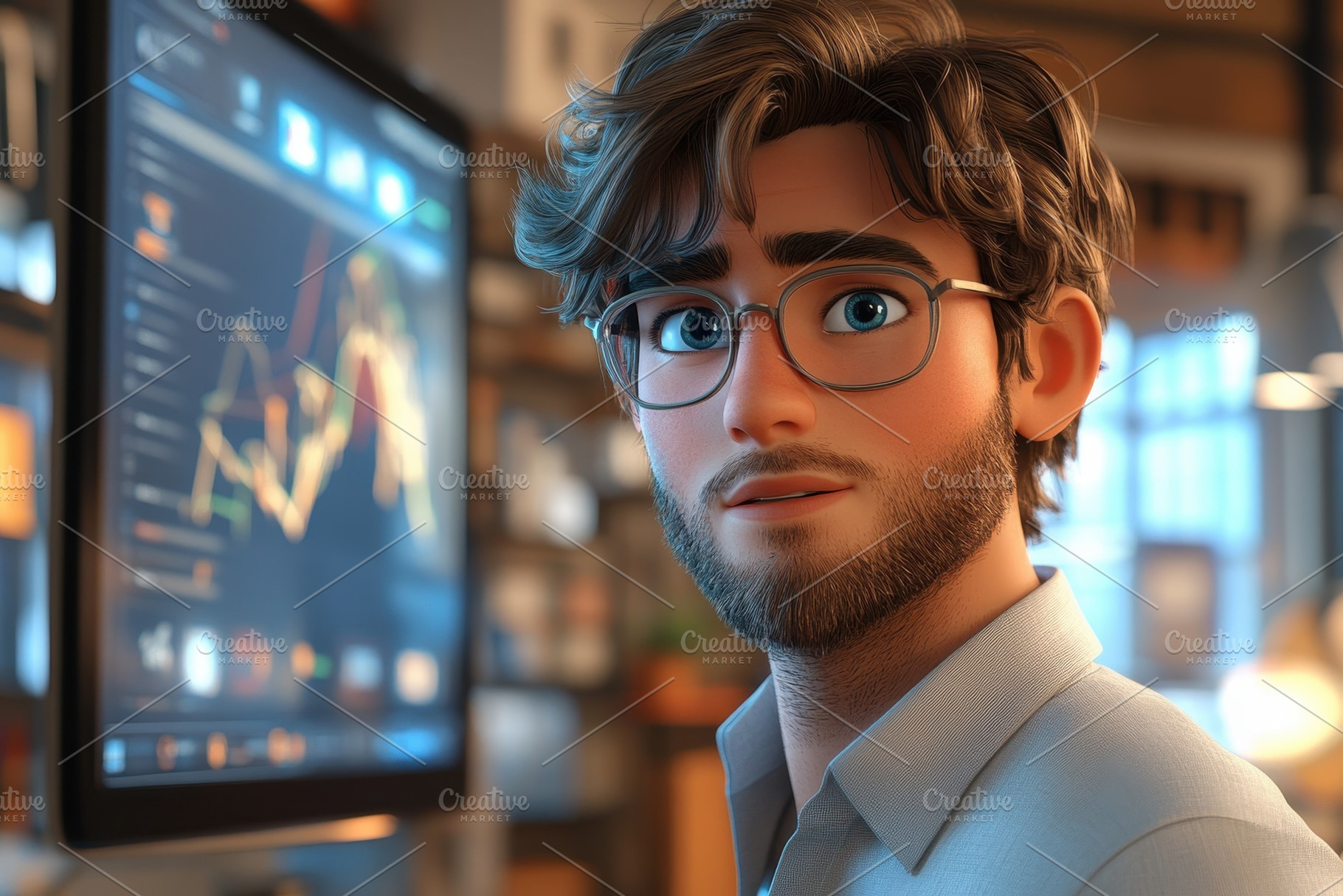 Young man in modern workspace analyz, a Photo by Tanuart