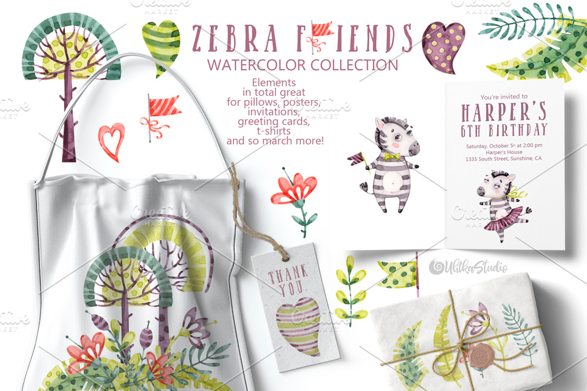 Watercolor nursery cute Zebra friend, an Animal Illustration by UlitkaStudio (Photo 4 of 11)