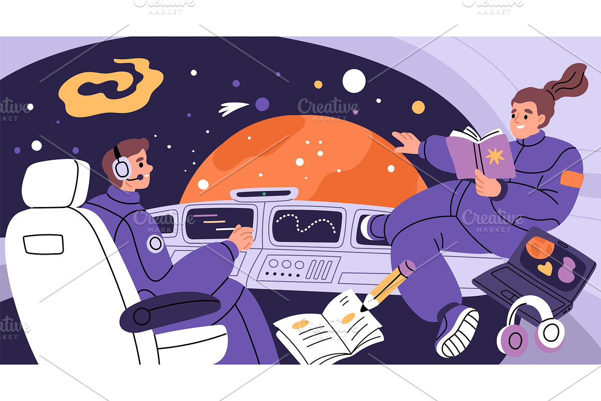 Astronauts in spacecraft cabine, a Technology Illustration by YummyBuum