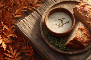 Rustic autumn creamy soup and bread, a Food & Drink Photo by MistyDay