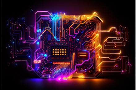 abstract circuit with neon lights, a Technology Photo by Neirfy