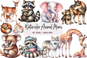 Watercolor Animal Moms Clipart, an Animal Illustration by DreamArtGraphic