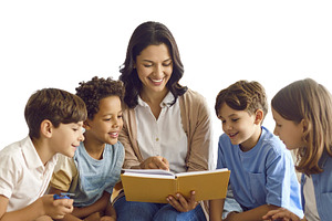 Teacher with a small group of children pointing at a workbook, a School & Education Photo by DanFLCreativo