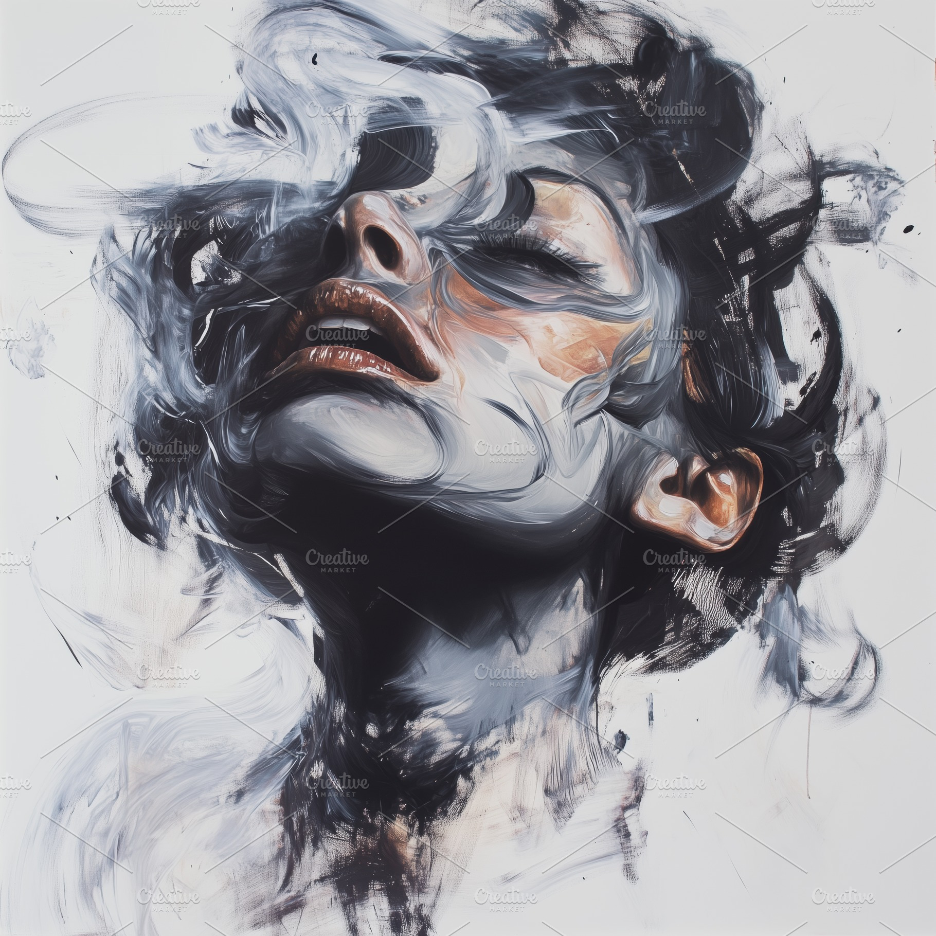 A striking abstract portrait of a woman with flowing hair and swirling paint, e, a Person Photo by Textures & Backgrounds