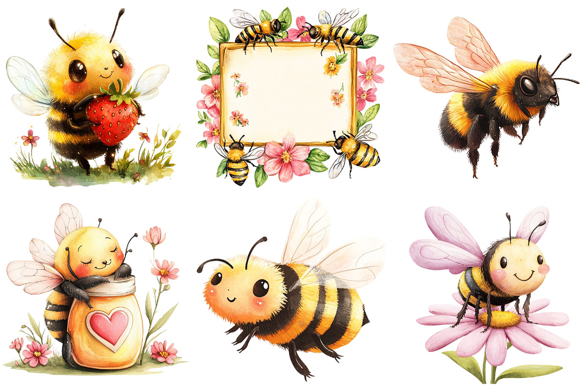Pink Summer Bees Garden Clipart, an Illustration by Watercolor design (Photo 4 of 4)