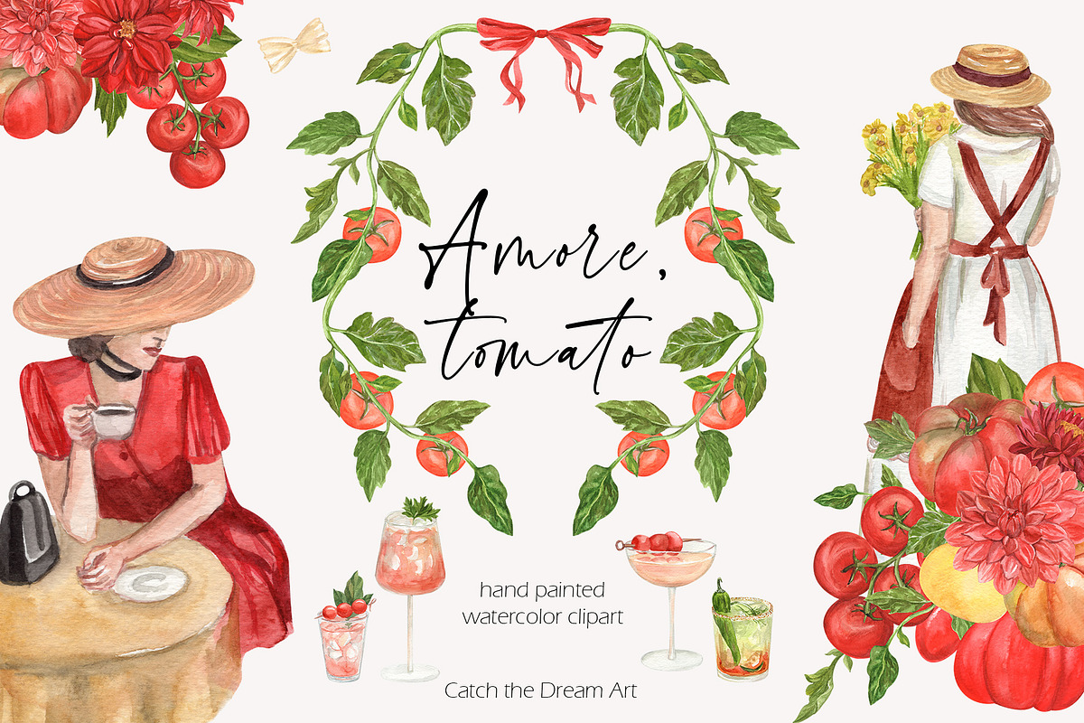 Amore Tomato Girl Summer Watercolor, a Food Illustration by Catch the Dream Art (Photo 1 of 13)
