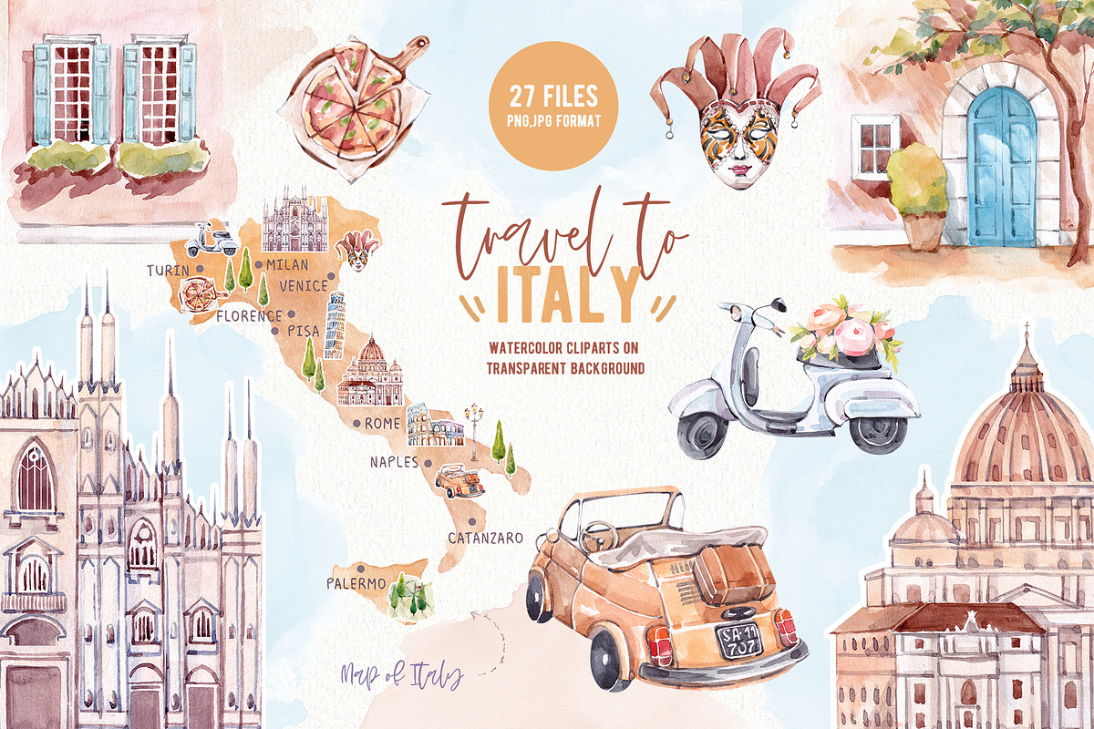 Travel to Italy. Watercolor Clipart, an Illustration by VerAna (Photo 1 of 11)
