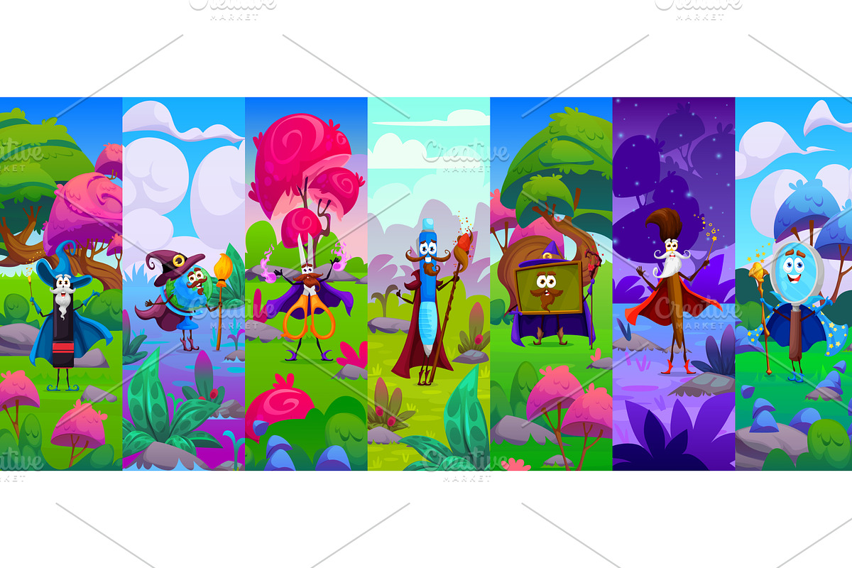Cartoon school stationery wizards, an Education Illustration by Vector Tradition