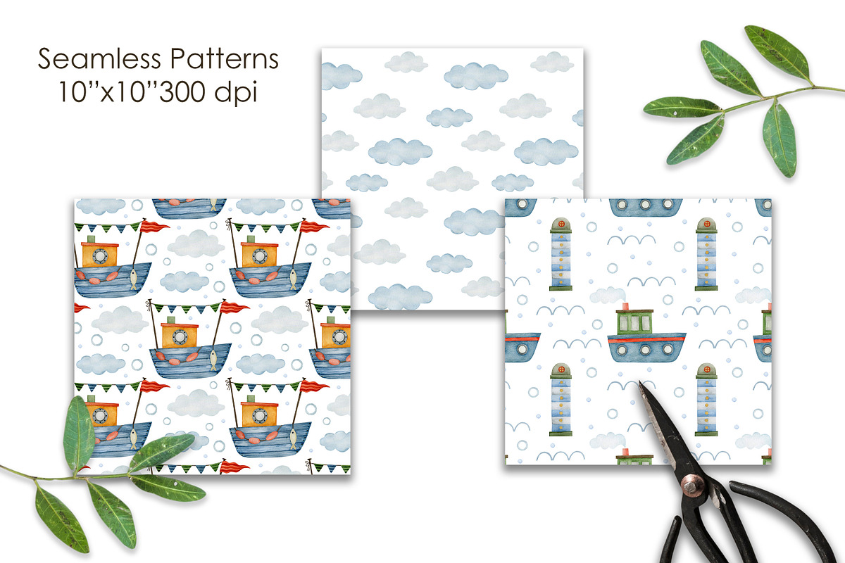 Watercolor Boat seamless patterns., a Decorative Illustration by Kira Konoshenko (Photo 4 of 16)