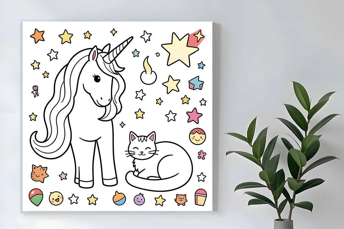 Cute Unicorn and Cat Coloring Page, an Animal Illustration by Sharon Schwalbe (Photo 4 of 5)