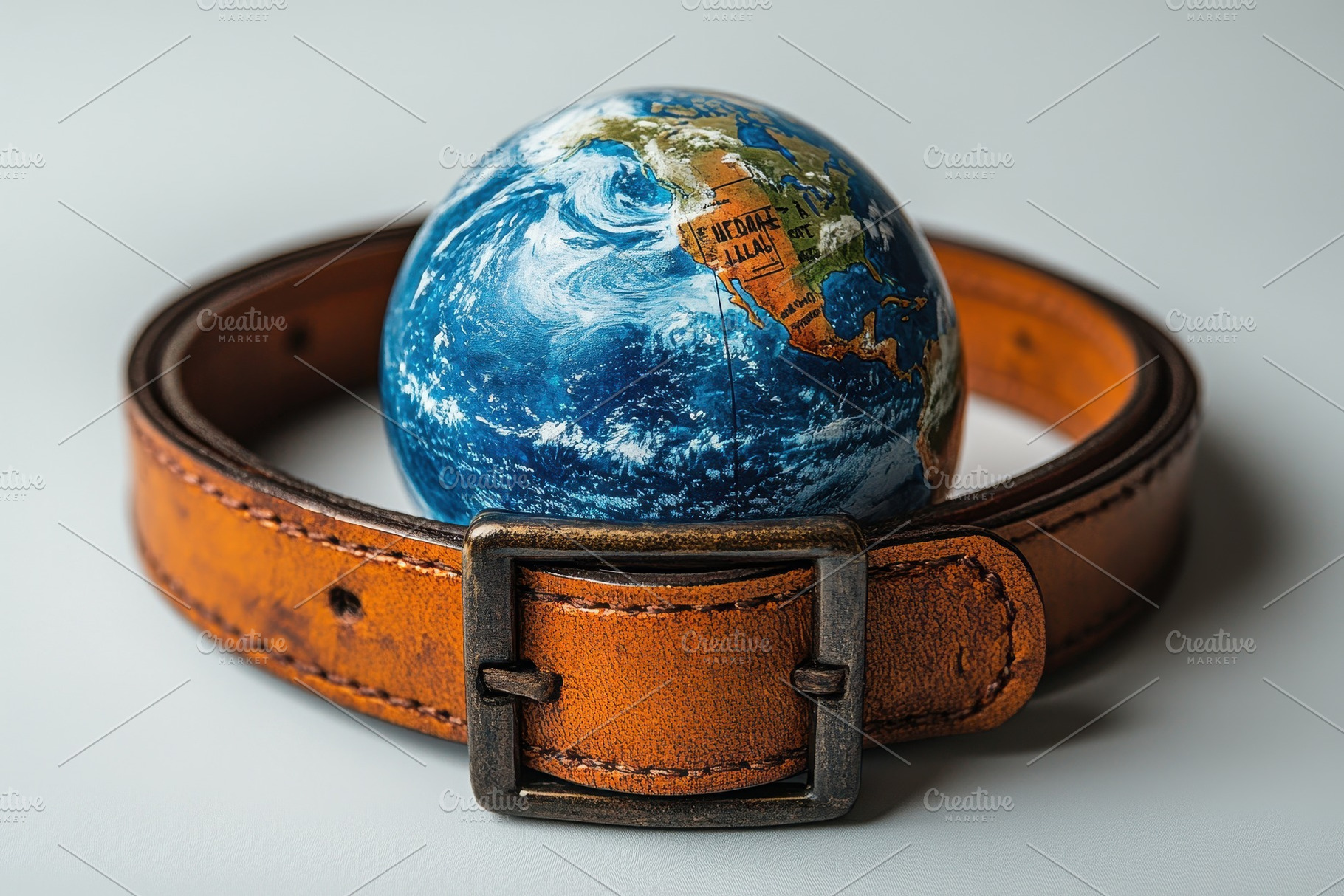Belt holding a globe symbolizes envi, a Photo by Tanuart