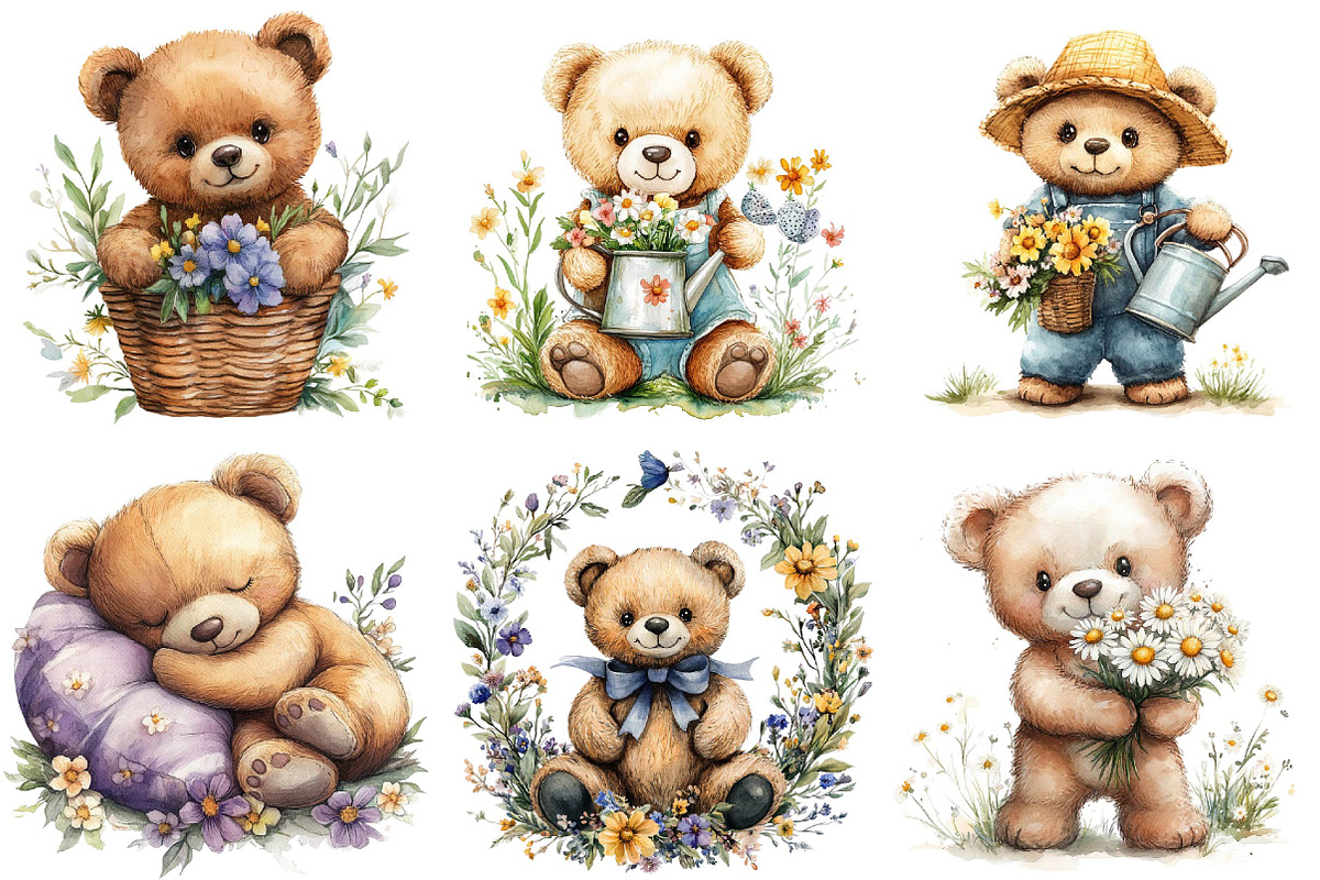 Watercolor Spring Teddy Bear Clipart, an Illustration by DreamPrint404 (Photo 2 of 7)