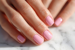 Close-up of pink manicured nails on marble, a Beauty & Fashion Photo by AlyaAnd