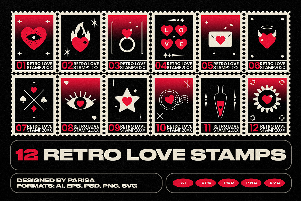 12 Retro Love Stamps, an Object Graphic by Parisa-Artstudio (Photo 1 of 4)