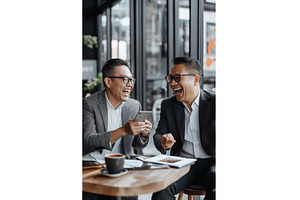 Two Asian businessmen laugh while, a Person Photo by Sergey Kotenev