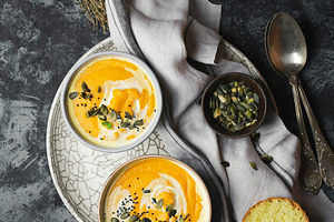 Pumpkin cream soup with lentils containing autumn, blended, and bowl