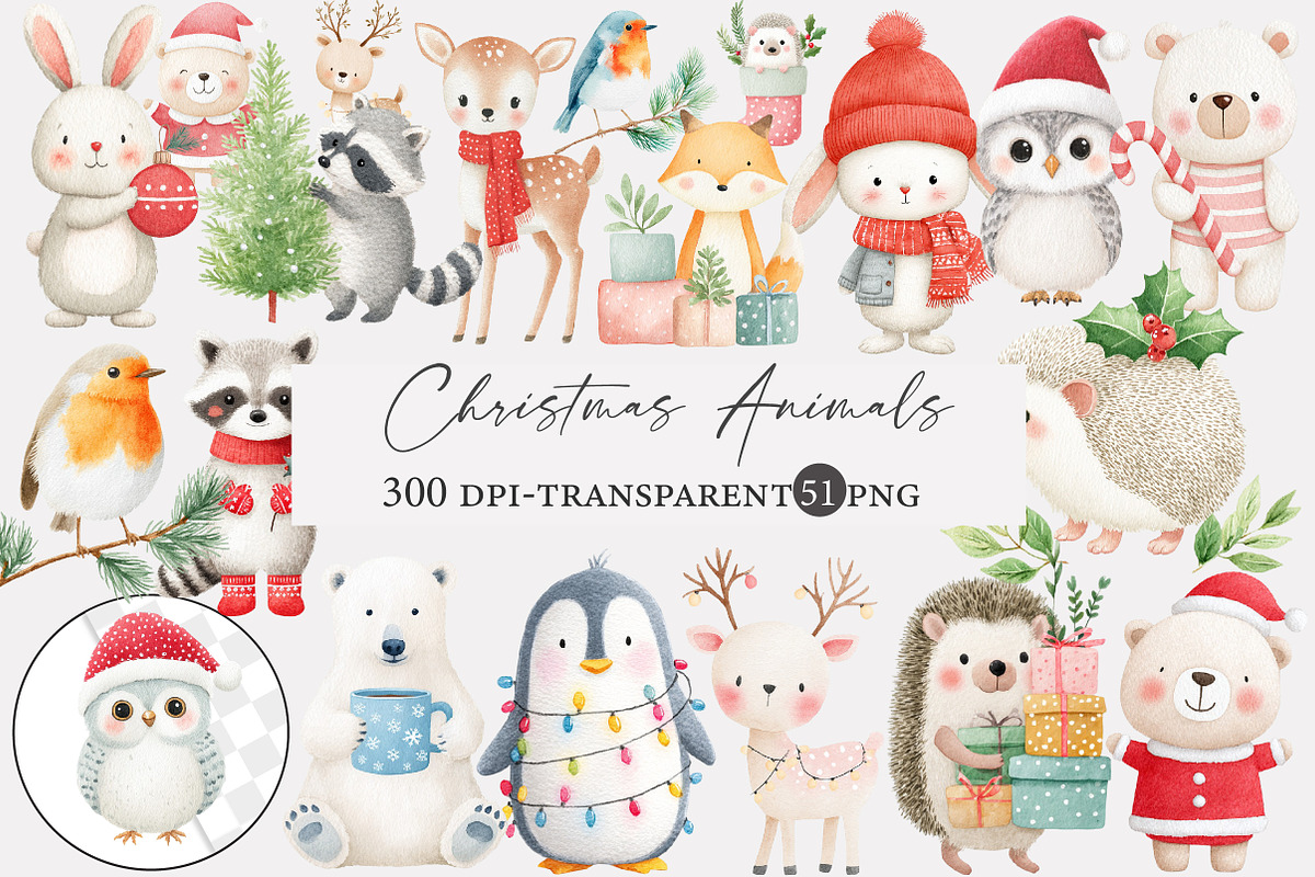 Watercolor Christmas animals Clipart, an Illustration by Designworld (Photo 1 of 5)