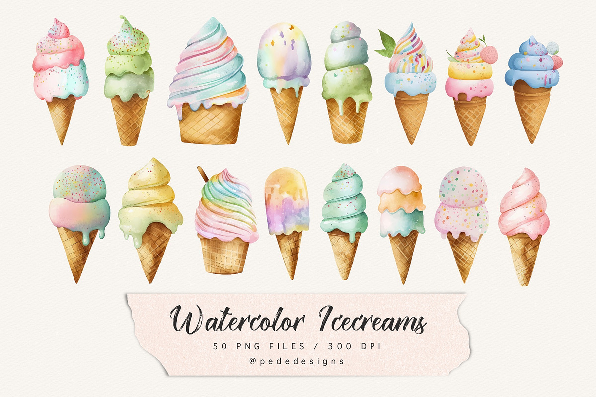 Watercolor Ice Creams, a Food Illustration by PeDe Designs (Photo 4 of 4)