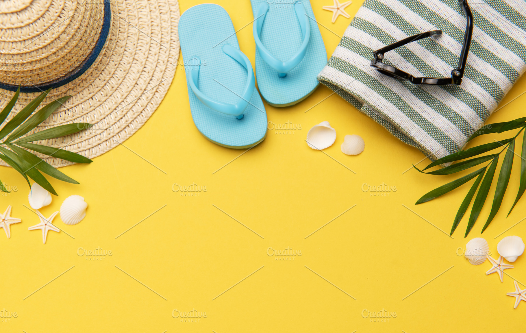 Summer holiday beach background with beach accessories and tropi, a Holiday Photo by Olena Rudo