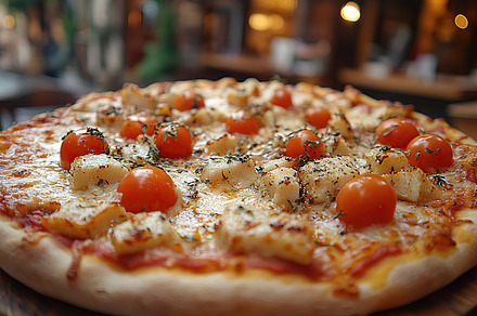 Fresh homemade pizza with cheese and meat, a Food & Drink Photo by AlyaAnd