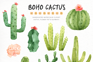 Boho Cactus Watercolor Clip Arts