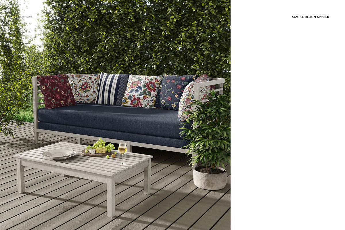Outdoor Scene Sofa & Pillows Mockup, a Product Mockup by creatsy2 (Photo 5 of 7)