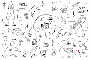 Fishing Doodle Set Seamless Patterns