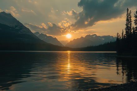 Stunning sunset over a serene mounta, a Photo by Iftikhar Alam