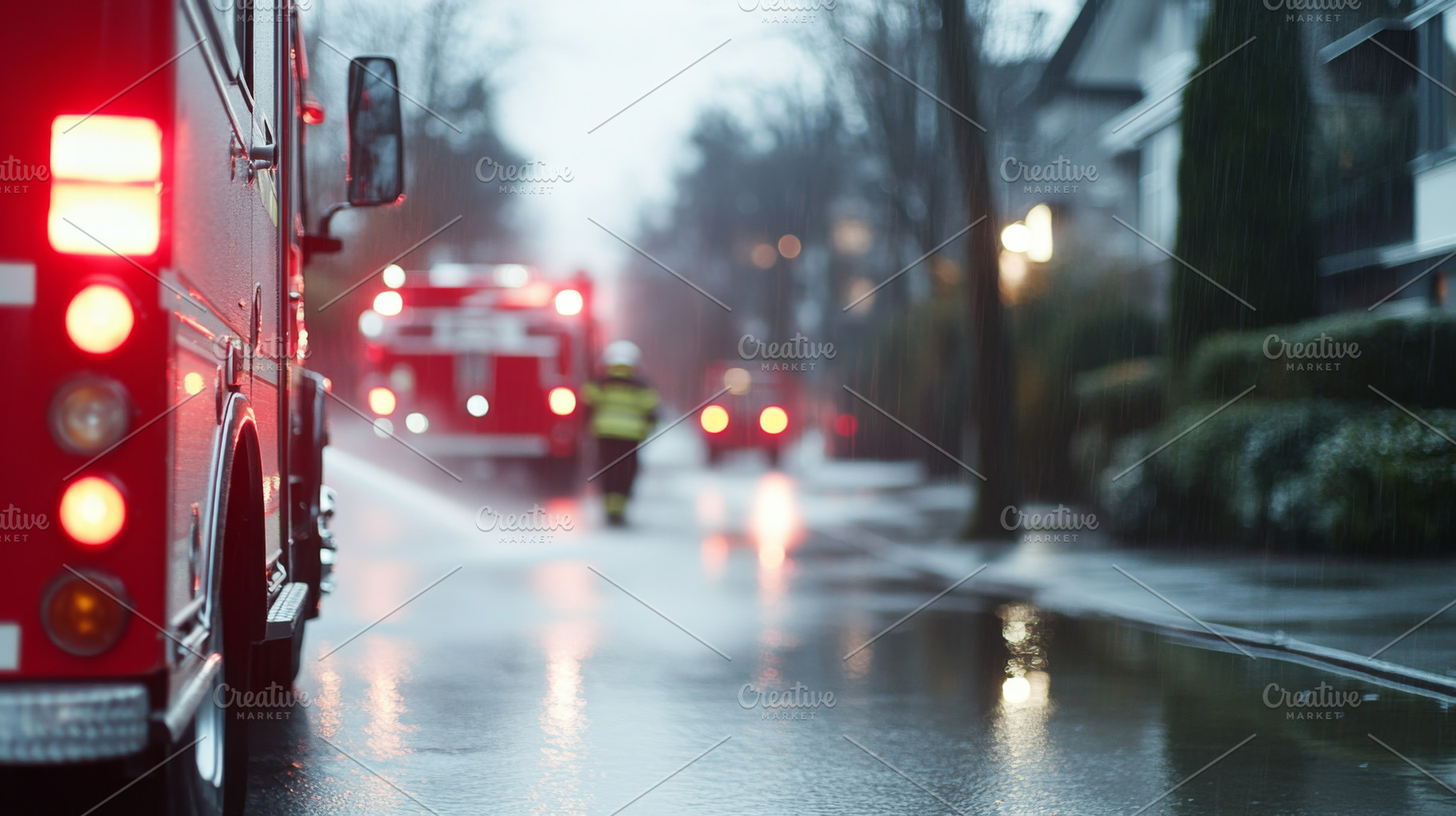 Firefighting scene with fire trucks and blurred firefighter on w, a Photo by Dvoevnore photos