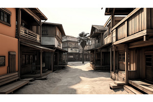 Wooden Buildings Lining A Deserted