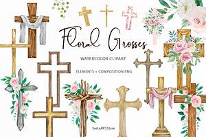 Watercolor Floral Cross Clipart