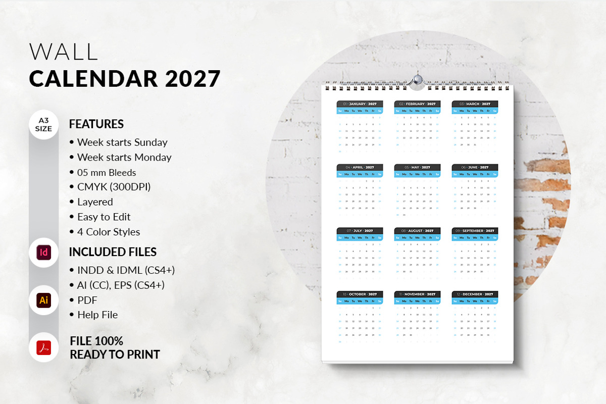Minimalist 2027 Wall Calendar, a Stationery Template by MstArtwork (Photo 5 of 7)