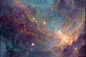 Celestial Nebula Golden Dust Cosmic, an Abstract Photo by Pixeness Studio