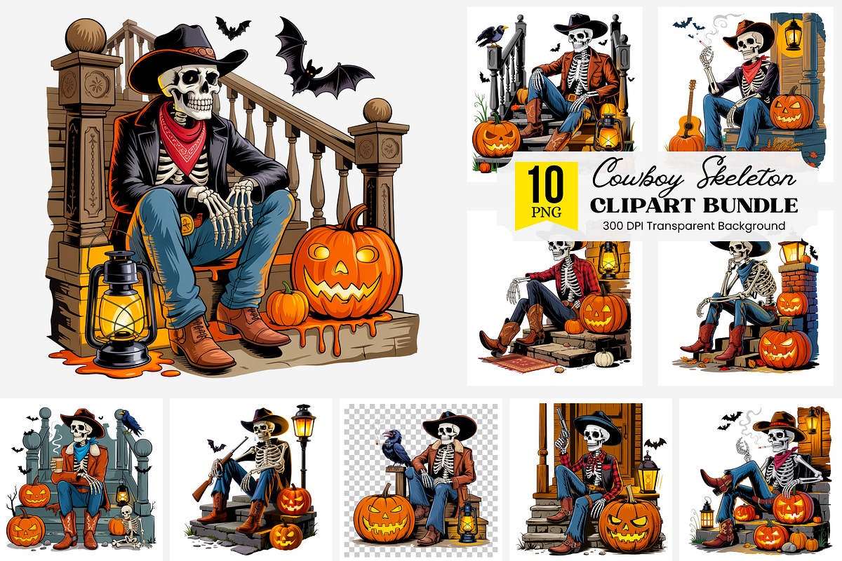 Halloween Cowboy Skeleton PNG Bundle, a Graphic by Black Gallery (Photo 1 of 11)